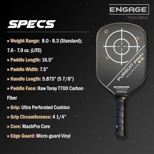 Engage Pursuit Pro1 6.0 Pickleball Paddle - Raw T700 Carbon Fiber for Extreme Spin - MachPro Core for Maximum Power & Control (New, Light Weight (7.6-7.9 Ounce))