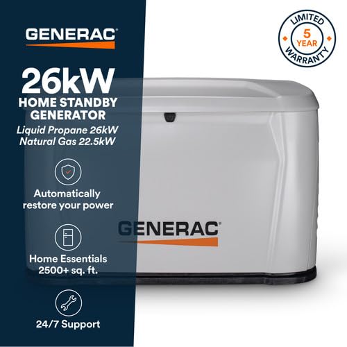 Generac 26kW Home Standby Generator with 200 amp transfer switch, cellular connectivity, easy to use, whole house power backup, smart outage solution.