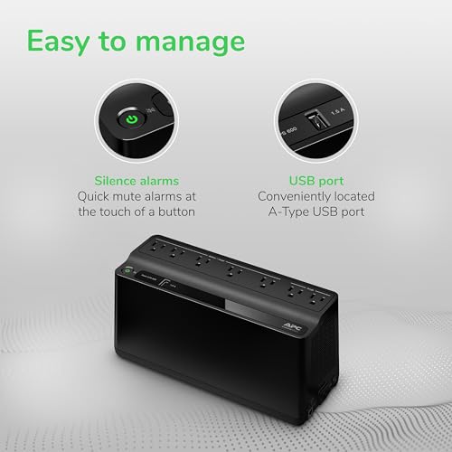 APC UPS Battery Backup & Surge Protector, 600VA Backup Battery Power Supply, BE600M1 Back-UPS with USB Charger Port