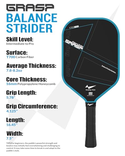 Warping Point Raw Carbon Fiber Pickleball Paddle, Endura Friction Surface For Maximum Spin & Balanced, Multi-Layer Carbon Fiber Edgeless Design, 16mm Polypropylene Honeycomb Core, USAPA Approved, Blue