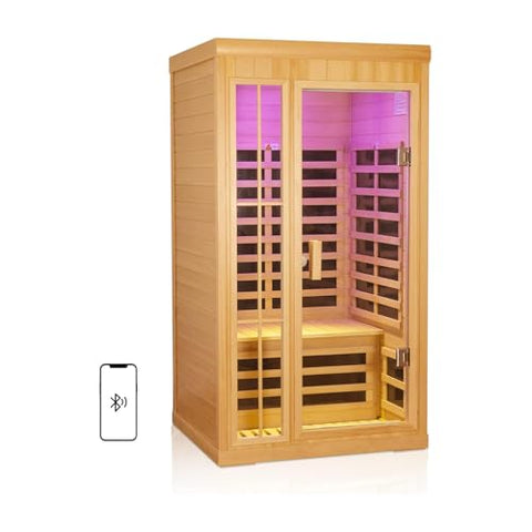 Kanlanth 1-2 Person Infrared Sauna, Hemlock Wood Low EMF Far Infrared Saunas for Home, APP Control 1350w Indoor Personal Sauna Room with Blue-Tooth, 7 Color Therapy Light, 7 Heating Panels
