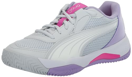 Puma Womens Nova Court Pickleball Shoe, Silver Mist-Puma Womens White-Vivid Violet, 10.5