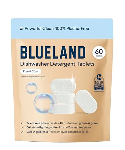 BLUELAND 100% Plastic-Free Dishwasher Detergent Tablets, 60 Count, Free & Clear, Eco-Friendly Dishwashing Pods, Natural, USDA Certified biobased