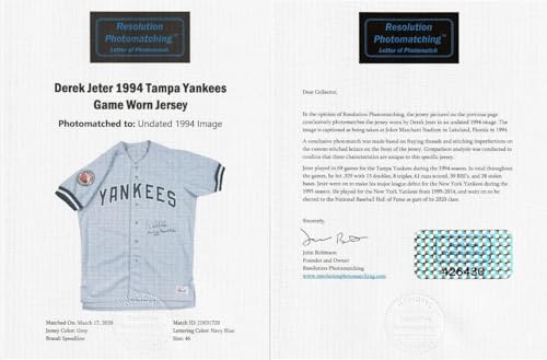 Derek Jeter Game Used Photo Matched Signed 1994 Rookie New York Yankees Jersey - MLB Autographed Game Used Bats
