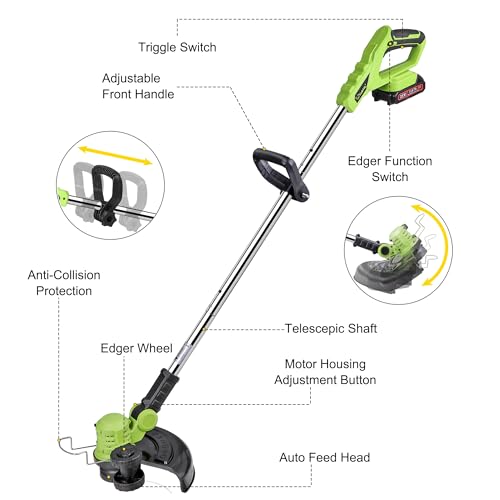 Cordless Weed Wacker Electric Weed Eater 12" 20V String Trimmer Battery Operated with 8 Pcs Spool Trimmer Lines and 1 Spool Cap 2.0Ah Batteries Fast Charger