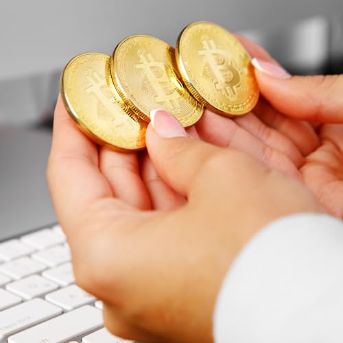 Naturiway 10 Pcs Bitcoin Coins, 24K Gold Plated, 3mm BTC Cryptocurrency Collectibles with Protective Case, Blockchain Decor for Home and Office