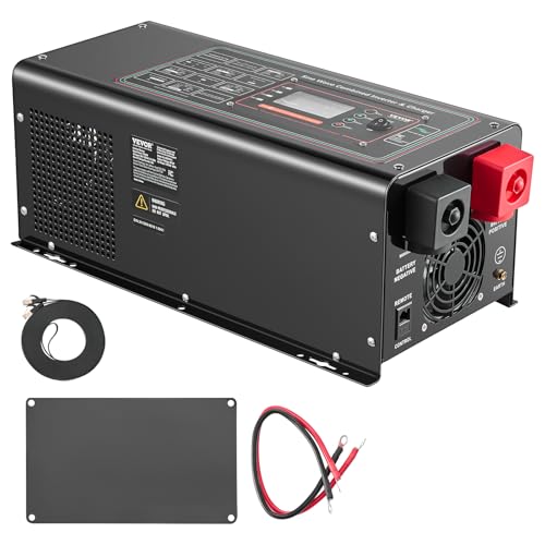 VEVOR Pure Sine Wave Inverter Charger, 2000 Watt, DC 12V to AC 120V, Battery Charger with LCD Display, Remote Control, Solar Inverter for Off-Grid Solar RV Boat Home, Compatible with Various Batteries