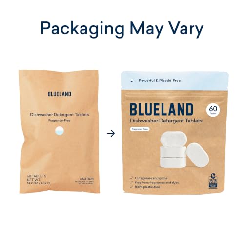 BLUELAND 100% Plastic-Free Dishwasher Detergent Tablets, 60 Count, Free & Clear, Eco-Friendly Dishwashing Pods, Natural, USDA Certified biobased