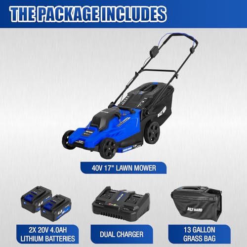 BILT HARD 40V 17" Brushless Cordless Lawn Mower, 2-in-1 Electric Lawn Mower, Push Lawnmower with 6-Position Height Adjustment, 2 x 4.0Ah Batteries & Dual Charger Included