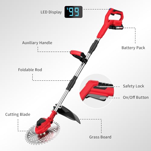 FULLYEA Cordless Weed Wacker 9-inch, Brushless Weed Eater with 5 Blades & 2 * 2.0Ah Batterties, Lawn Mower Battery Powered String Trimmer, Electric Grass Trimmer for Lawn Garden Work