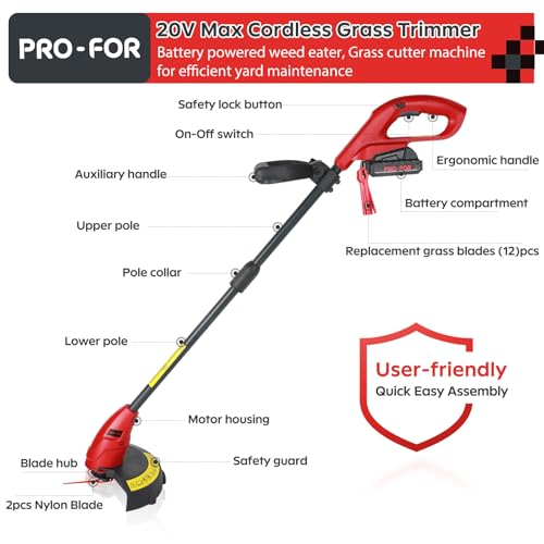 PRO-FOR 20V Lightweight Stringless Grass Trimmer, Battery Powered Weed Eater, Cordless Electric Weed Trimmer with Battery and Charger