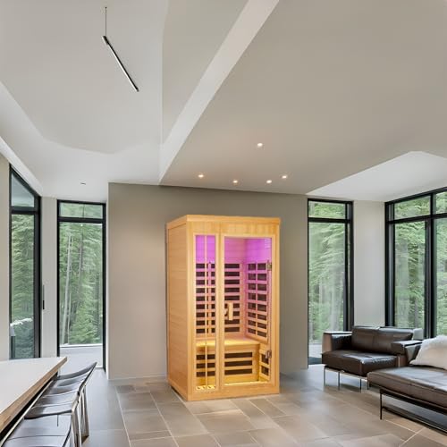 Kanlanth 1-2 Person Infrared Sauna, Hemlock Wood Low EMF Far Infrared Saunas for Home, APP Control 1350w Indoor Personal Sauna Room with Blue-Tooth, 7 Color Therapy Light, 7 Heating Panels