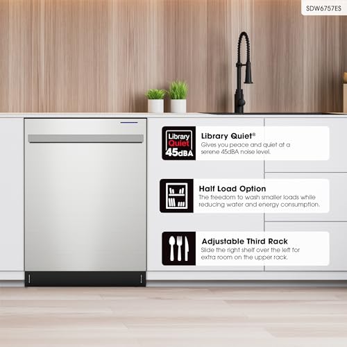 SHARP SDW6757ES Slide-In Dishwasher, Stainless Steel Finish, 24" Wide, Soil Sensors, Premium White LED Interior Lighting, Smooth Glide Rails, Heated Dry Option, Responsive Wash Cycles, Power Wash Zone