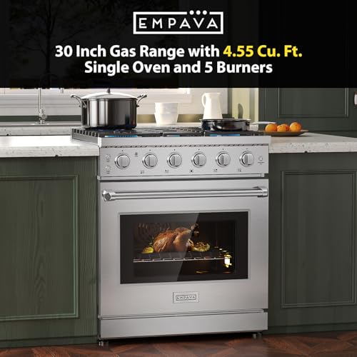 Empava Gas Range,True Convection Oven 4.55 Cu. Ft, 5 Deep Recessed Burners Cooktop, Heavy Duty Continuous Grates in Stainless Steel with Storage Drawer, Freestanding & Slide-In,30 Inch