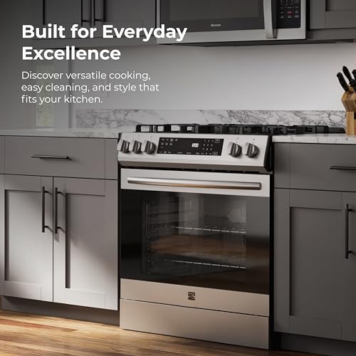 Kenmore 5.6 cu. ft. Front Control Gas Range Oven with 5 Cooktop Burners - Ultra Durable Chrome Racks, Turbo Boil, Hidden Bake, Dishwasher-Safe Grates, Storage Drawer, LP Kit - Stainless Steel