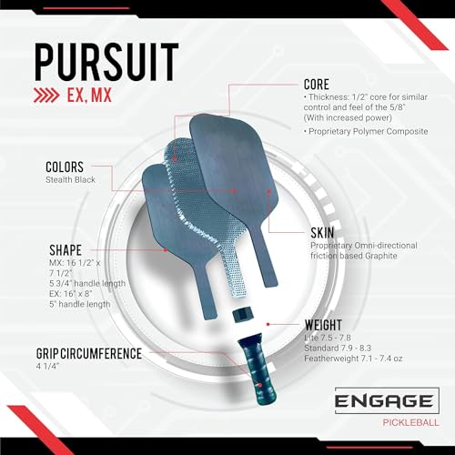 Engage Pursuit MX 6.0 Graphite Pickleball Paddle – Rough Texture for Long Lasting Spin – Responsive Core for Control and Feel – Standard Weight (8.0-8.4 oz) - USAP Approved (Arctic White)