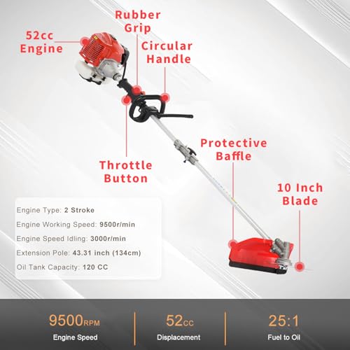 curfair 52cc 2-Cycle Weed Eater Gas Powered, 6-in-1 Gas Weed Wacker, Brush Cutter Gas Trimmer for Grass and Weed, Hedge Trimmer String Trimmer, Edger, Pole Saw & Pruner Red