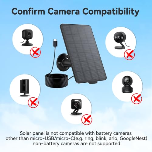 3W Solar Panel for Battery-Powered Security Cameras,USB-C & Micro USB Solar Charger for Wireless Outdoor Cameras,IP65 Waterproof, 9.8ft Cable, 360° Adjustable Mount (Black, 1 Pack)