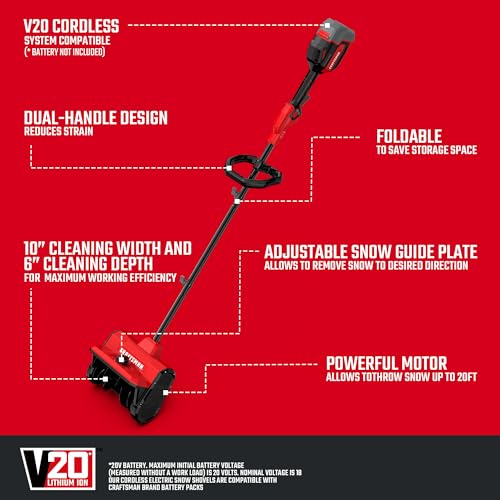 Craftsman Snow Shovel, Cordless Electric Shovel with 10 Inch Width 6 Inch Depth, 20FT Throw Distance, Snow Blower/Snow Thrower for Patio/Drive Way with 20V 4.0 Ah Battery and Std Charger