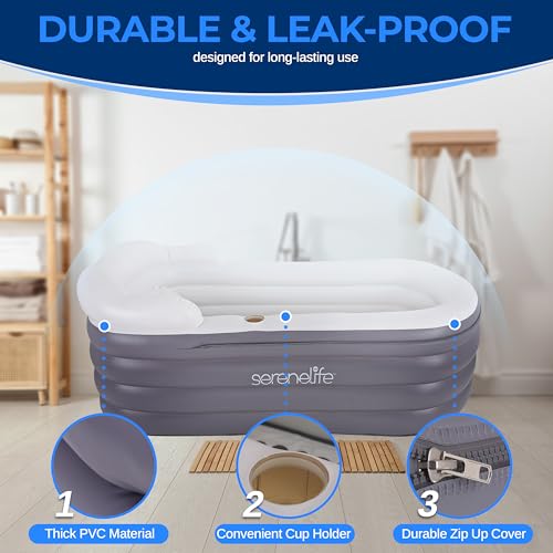 SereneLife Spa Bathtub with Bubble Massage Mat – Inflatable Bathtub with Pillow, Cup Holder, Remote Control for LED Lighting, Backrest and Armrests, Supporting Up To 190 lbs. 66" x 30" x 26"