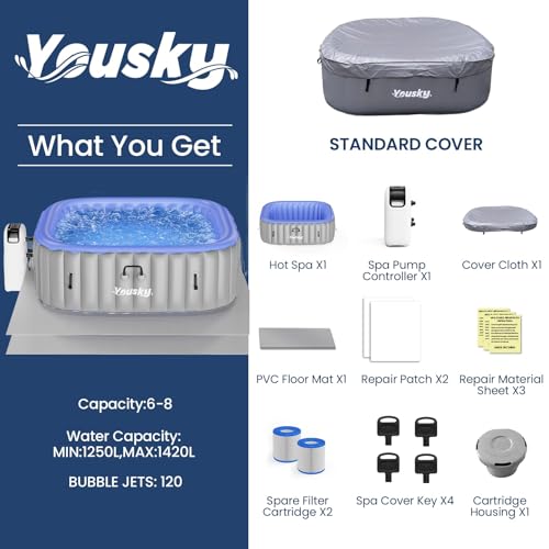 Inflatable Hot Tub 6-8 Person – Portable with 120 Bubble Jets, 104℉ Heating & Filtration System, Durable PVC Material, Hot Tub Cover, 83" L x 83" W x 26" H, Easy Set-Up for Outdoor and Indoor
