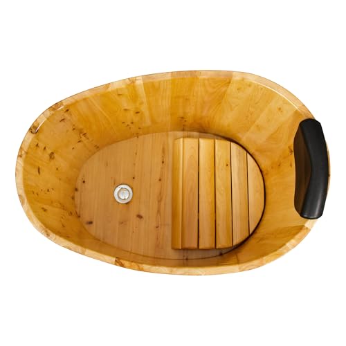 JRYTIN 34 Inches Small Handcrafted Free Standing Wooden Bathtub, Portable Deep Soaking Tub for Relaxation, Natural Cedar Wood, Ideal for Home Spas and Bathroom Renovations, Perfect Hot Tub Option