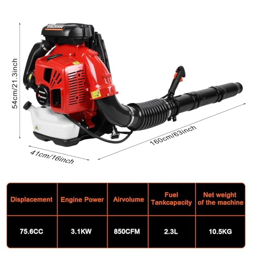 Gas Powered Backpack Leaf Blower 75.6cc 2-Stroke, 850 CFM Airflow & 200 MPH Wind Speed Yard Blower for Leaves, Snow & Outdoor Cleanup