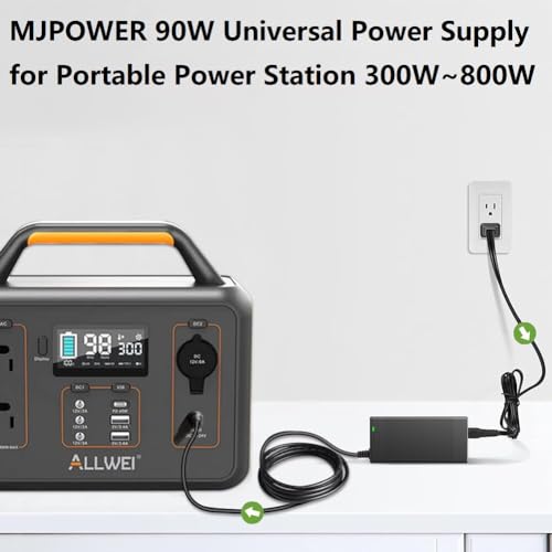 MJPOWER 90W Universal AC Adapter Charger for Portable Power Station 300W to 600W Jackery/Bluetti/Anker/Rockpals/ALLWEI/EnginStar/CHAFON/Powkey/BALDR/Westinghouse Solar Generator Power Supply Cord
