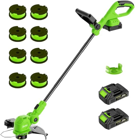 SUNCHERS 12-inch 20V Cordless String Trimmer with Charger, 2 X 2.0Ah Battery Powered Grass Mover with Auto Line Feed, 2 in 1 Lawn Edger with 8 Pcs Grass Cutter Spool Line and 2 Spool Cap, Green