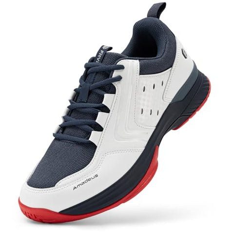 FitVille Tennis Shoes for Men Wide Mens Pickleball Shoes Breathable Court Shoes Racquetball Badminton Athletic Sneakers for All Courts | Arch Support | Energy Return (10.5 Wide, White & Navy Blue)