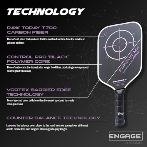 Engage Pursuit Pro MX Pickleball Paddle – Elongated Shape, Carbon Fiber Face, 13mm Control Pro “Black” Core (Deep Magenta, Standard (7.9-8.3oz))