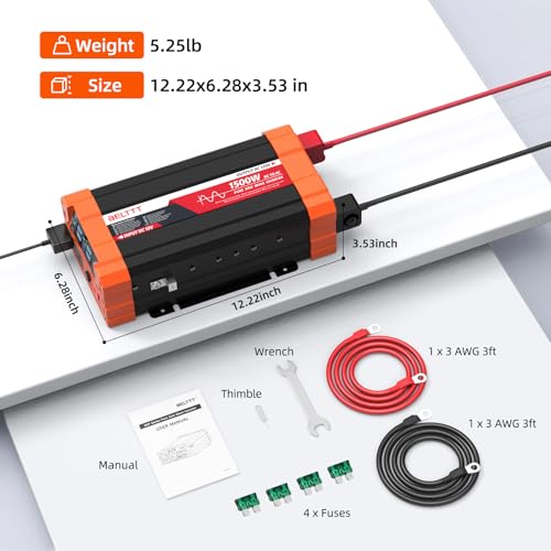 BELTTT 1500W Pure Sine Wave Inverter 12V to 120V AC, Car Power Inverter 12V to 110V Converter for RV, Truck, Solar, Off-Grid with Dual AC Socket, 5V 2.1A USB, Surge 3000W, Smart LCD Display