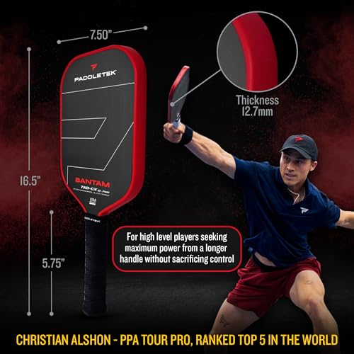 Paddletek Bantam TKO-CX 12.7mm Pickleball Paddles with Polymer Honeycomb Core - Unidirectional Carbon Fiber – Torsional Weighting & High Tack Performance Grip - USAPA Approved - 5.75 Inch Handle