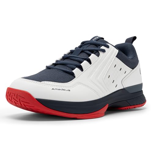 FitVille Tennis Shoes for Men Wide Mens Pickleball Shoes Breathable Court Shoes Racquetball Badminton Athletic Sneakers for All Courts | Arch Support | Energy Return (10.5 Wide, White & Navy Blue)