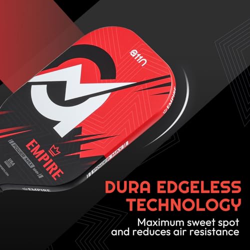 A11N Empire Edgeless Pickleball Paddle – Carbon Fiber Paddle with Longer Handle Design for Double-Handed Backhand & SuperGrit Surface Texture Technology, PowerMax – Elongated Shape, Red
