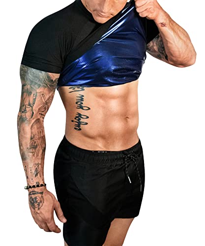 FUXERT Sauna Shirt for Men Sweat Sauna Suit for Gym Exercise Compression Shirt Workout Shapewear (SOBK L)