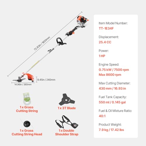 VEVOR String Trimmer, 25.2CC 2-Stroke, Gas Powered Weed Wacker, 16.9" Cordless Grass Trimmer, Multi-Functional Lawn Edger with Shoulder Strap & 3T Blade, Weed Eater for Quick Grass Cleaning
