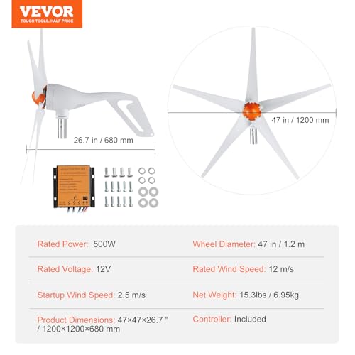 VEVOR 500W Wind Turbine Generator, 12V Wind Turbine Kit, 5-Blade Wind Power Generator with MPPT Controller, Adjustable Windward Direction & 2.5m/s Start Wind Speed, Suitable for Home, Farm, RVs, Boats