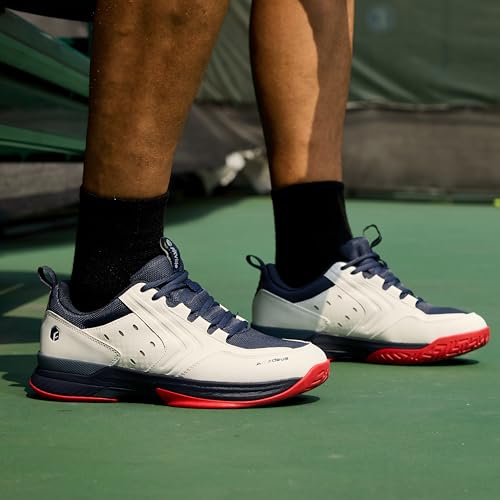 FitVille Tennis Shoes for Men Wide Mens Pickleball Shoes Breathable Court Shoes Racquetball Badminton Athletic Sneakers for All Courts | Arch Support | Energy Return (10.5 Wide, White & Navy Blue)
