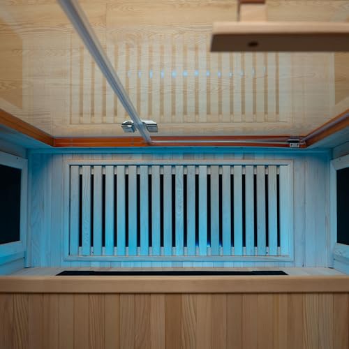 Woodbridge Infrared Home Sauna Room 2 Person Japanese Cedar Indoor Sauna with 7 Carbon Heaters, Red Light Therapy, Bluetooth Speaker, Intelligent Control Panel, Tempered Glass & Top Vent