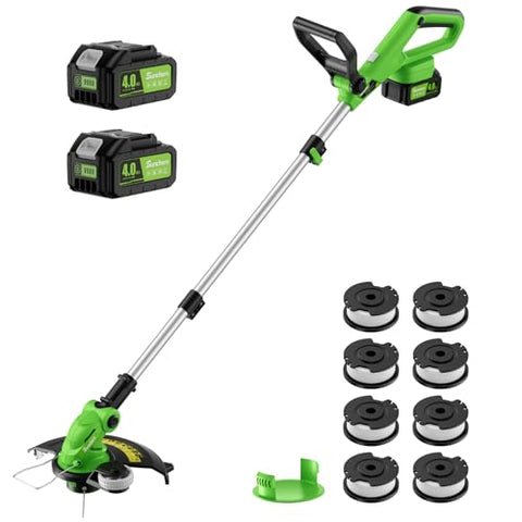 20V 12" Cordless String Trimmer With 2 X 4.0ah Battery and Charger, Electric Grass Trimmer Battery Powered Eater String, Edger Lawn Tool Grass Cutter With 8pcs Line, Lawn Mover For Yard, Garden, Green