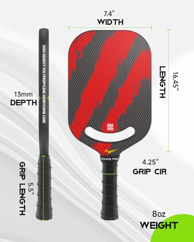 Warping Point Ascent Pickleball Paddles | Carbon Fiber Pickleball Racket with Aero Throat | Textured Grit Surface | 13mm Hexa Polymer Core | USAPA Approved | Designed for Power & Spin | Red
