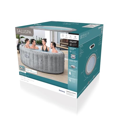 Bestway SaluSpa Bali Smart AirJet Inflatable Hot Tub Round Portable 4 to 6 Person Spa with 140 AirJets, App Control and EnergySense Cover, Grey Rattan