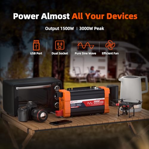BELTTT 1500W Pure Sine Wave Inverter 12V to 120V AC, Car Power Inverter 12V to 110V Converter for RV, Truck, Solar, Off-Grid with Dual AC Socket, 5V 2.1A USB, Surge 3000W, Smart LCD Display