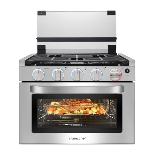 AMZCHEF RV Gas Range 17 Inches Tall, 1.24 Cu.Ft Propane Range Oven with 3 Burners Stove for RV, Apartment, Mobile Home, Stainless Steel.
