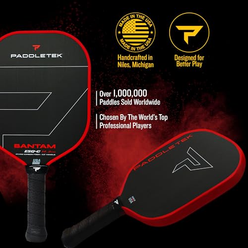 Paddletek Bantam ESQ-C 14.3mm Pickleball Paddle with Polymer Honeycomb Core - Unidirectional RAW Carbon Fiber Pickleball Paddle – Torsional Weighting & Performance Grip - USAPA Approved - 5.5" Handle