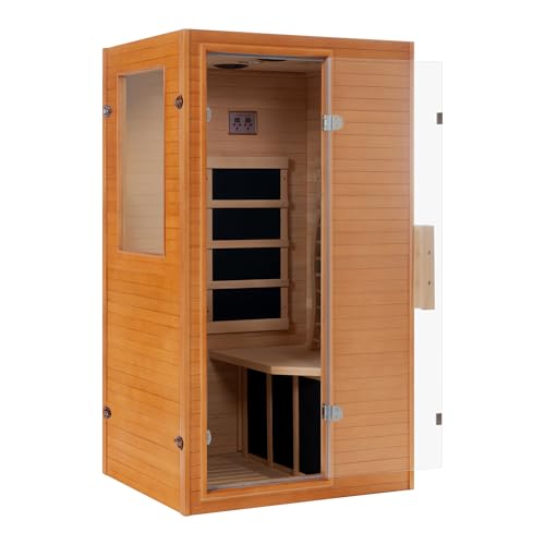 Real Relax Infrared Sauna 1 Person, Indoor Infrared Saunas for Home, Canadian Hemlock Wooden Dry Sauna, 950W 120V with Foot Warmer and 6 Heaters Panels, Compact Spa Room, 27.3"x33"x59"