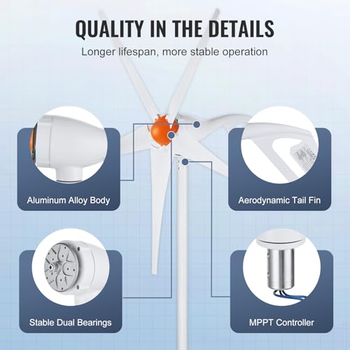 VEVOR 500W Wind Turbine Generator, 12V Wind Turbine Kit, 5-Blade Wind Power Generator with MPPT Controller, Adjustable Windward Direction & 2.5m/s Start Wind Speed, Suitable for Home, Farm, RVs, Boats