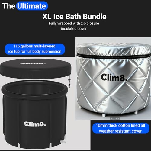 Clim8 Insulated Cold Plunge Tub: Combining an XL Ice Bath Tub & a Thermal UV-Reflective Cover for Indoor and Outdoor Use,Portable Icy Tub with Dual Drain Systerm for Fast and Easy Drainage