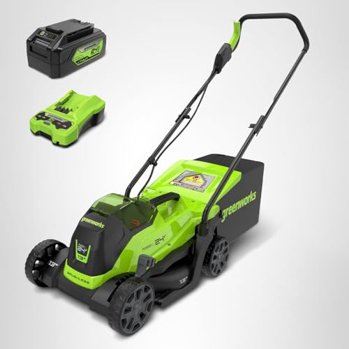 Greenworks 24V 13“ Brushless Cordless Lawn Mower with 4.0Ah Battery & Charger,Maintenance-Free Push Mower with 2-in-1 Mulch/Bag,